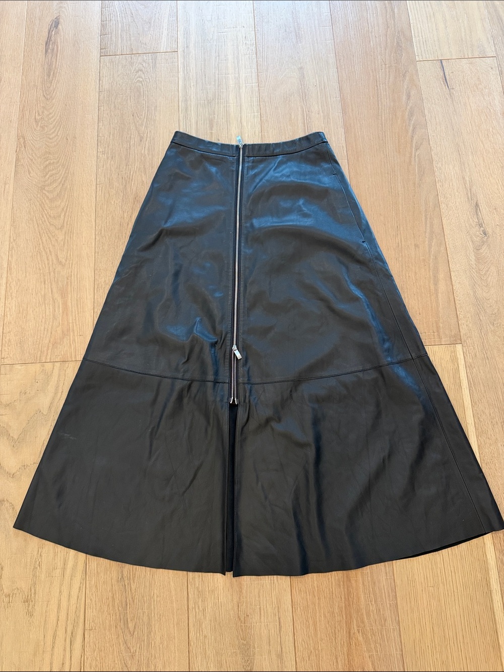 Vince Black A-Line Leather  Midi Skirt with Exposed Center Zip